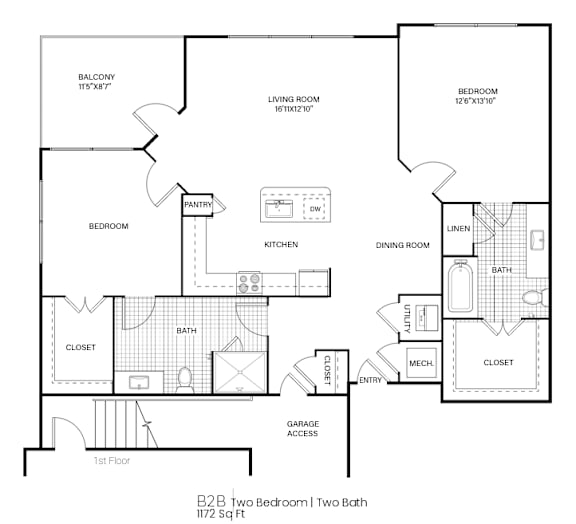 A black and white image of a two bedroom apartment layout.
