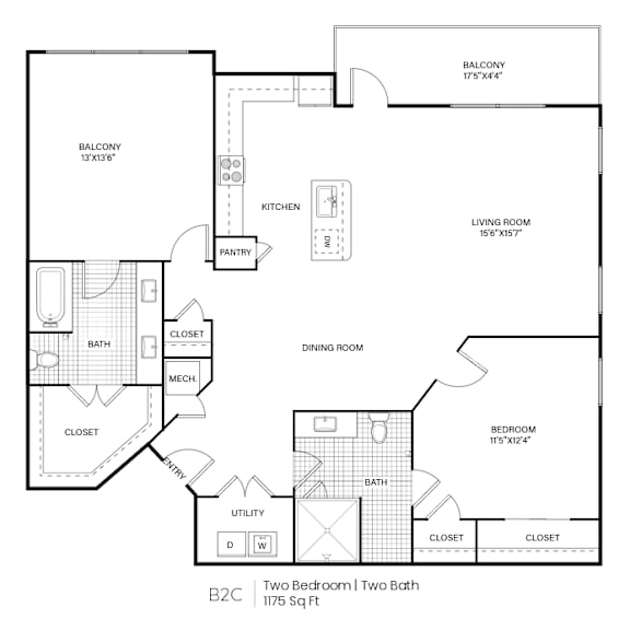 A floor plan of a two bedroom, two bath apartment.