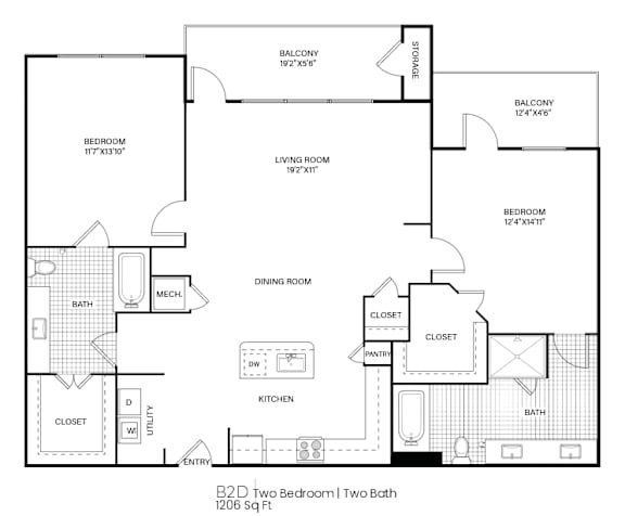 A black and white image of a two bedroom apartment layout.