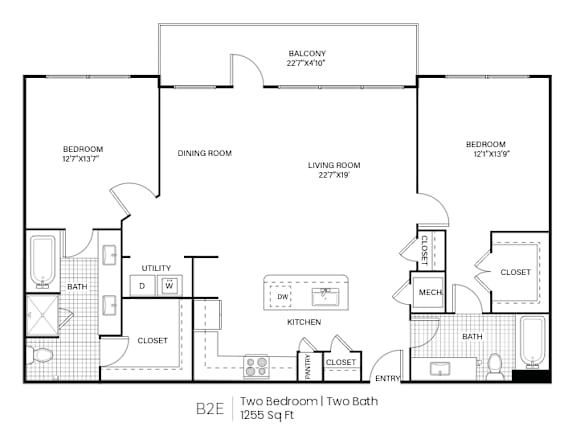 A black and white image of a two bedroom, two bathroom apartment layout.