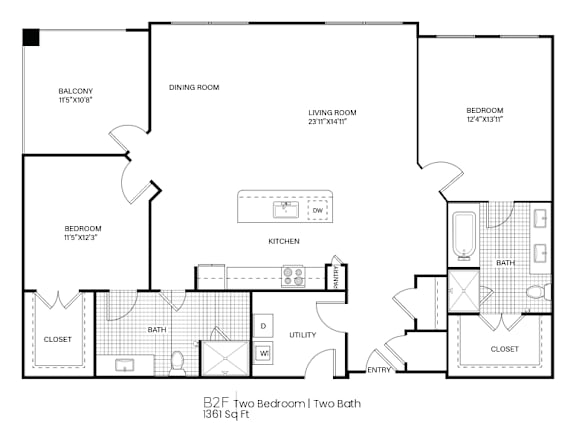 A floor plan of a two bedroom apartment with two bathrooms.