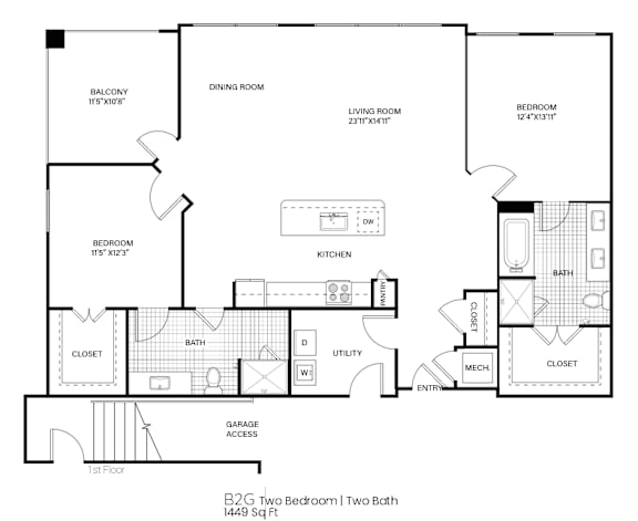 A floor plan of a two bedroom apartment with two bathrooms.