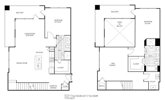 A floor plan of a two bedroom, two bathroom apartment.