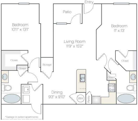 A floor plan of an apartment with a living room, two bedrooms, a dining room, and a patio.