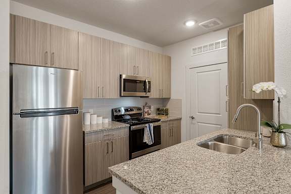 A kitchen with a granite countertop and stainless steel appliances.