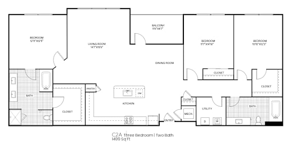 A black and white image of a floor plan for a three bedroom, two bathroom apartment.