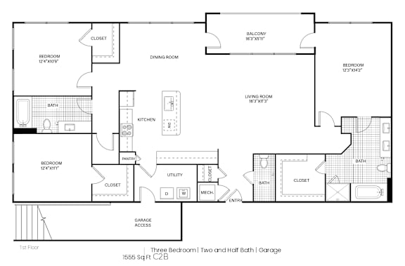 A black and white image of a floor plan for a three bedroom, two bathroom apartment.