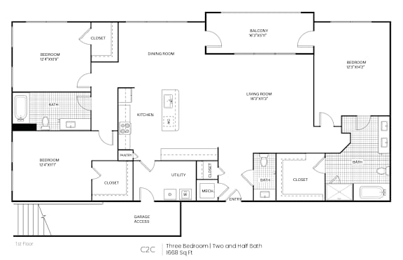 A black and white image of a house floor plan with three bedrooms and two bathrooms.