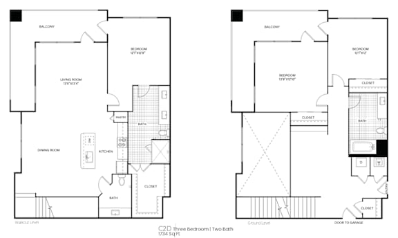 A floor plan of a two-story building with a living room, kitchen, and bathrooms.