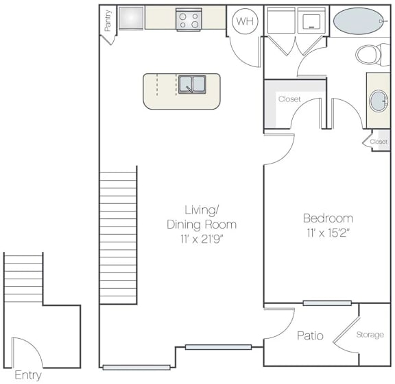 A floor plan of a home with a living/dining room, bedroom, pantry, closets, and a patio.