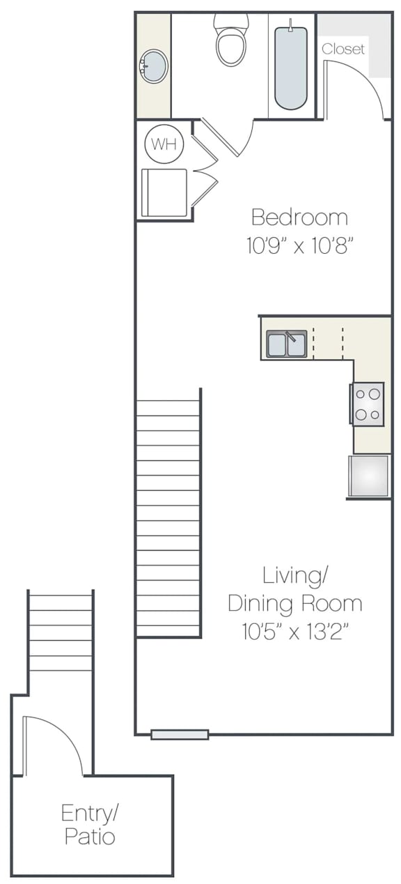 A floor plan of a small apartment with a bedroom, living/dining room, and an entry/patio.