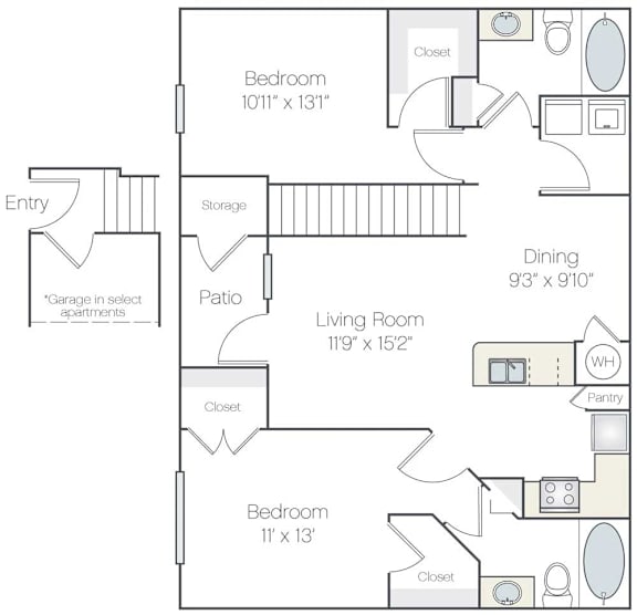 A floor plan of an apartment with a garage, two bedrooms, a living room, a dining room, a pantry, and a storage area.