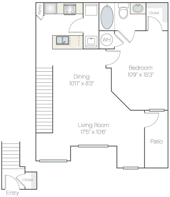 A floor plan of a home with a living room, dining room, kitchen, and bedroom.