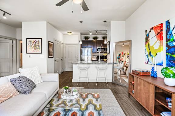 Living Room With Kitchen View at The James on South First, Austin, TX