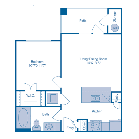 A floor plan of a home with a bedroom, living/dining room, kitchen, bathroom, and pantry.