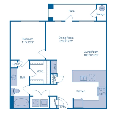 A floor plan of a home with a bedroom, living room, kitchen, and bath.