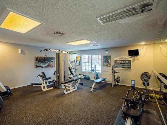 A well-equipped home gym with various exercise machines and equipment.