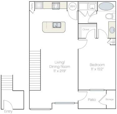 A floor plan of a home with a living/dining room, bedroom, and patio.