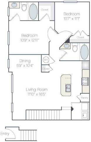 A floor plan of a home with a living room, two bedrooms, a dining room, and an entry.