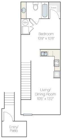 A floor plan of a small apartment with a bedroom, living/dining room, and an entry/patio.