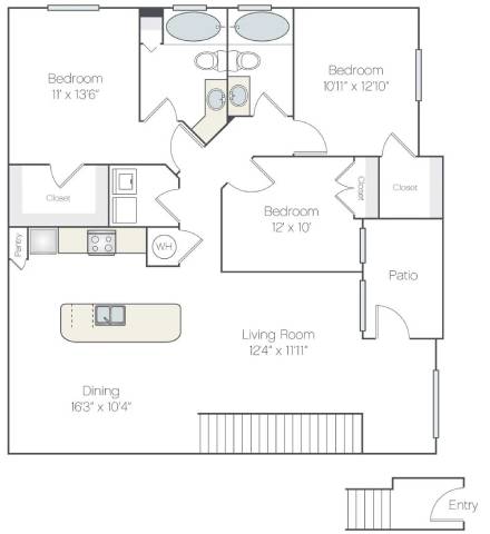 A floor plan of a house with three bedrooms, a living room, a dining room, a patio, and an entry.