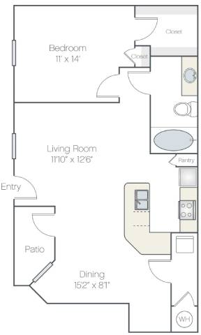 A floor plan of a room with a bedroom, living room, patio, and dining area.