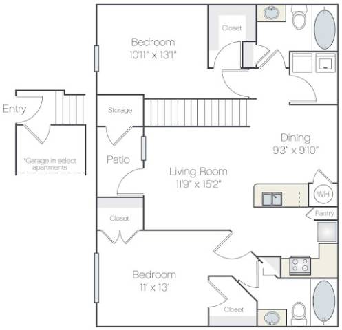 A floor plan of an apartment with two bedrooms, a living room, a dining area, a pantry, and a garage.
