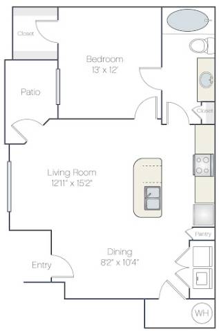 A floor plan of a home with a bedroom, living room, dining room, and patio.