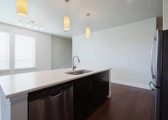 A kitchen with a stainless steel dishwasher and black cabinets.