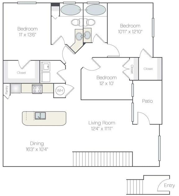 A floor plan of a home with three bedrooms, a living room, a dining room, a patio, and an entry.