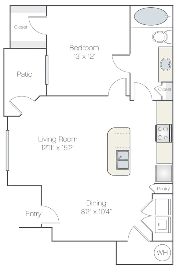 A floor plan of a home with a bedroom, living room, dining room, patio, and closet.