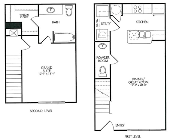 A floor plan of a two level home with a grand suite on the second level and a dining/great room on the first level.