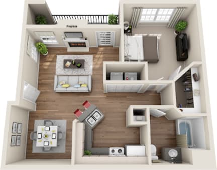 A 3D floor plan of a house layout.