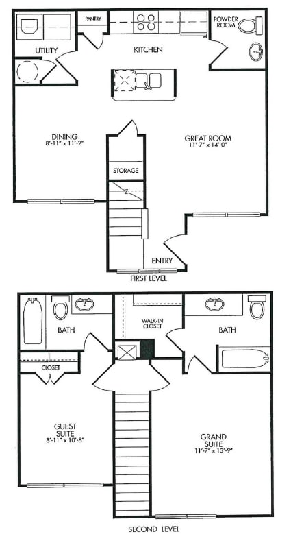 A floor plan of a two-story house with a first and second level.