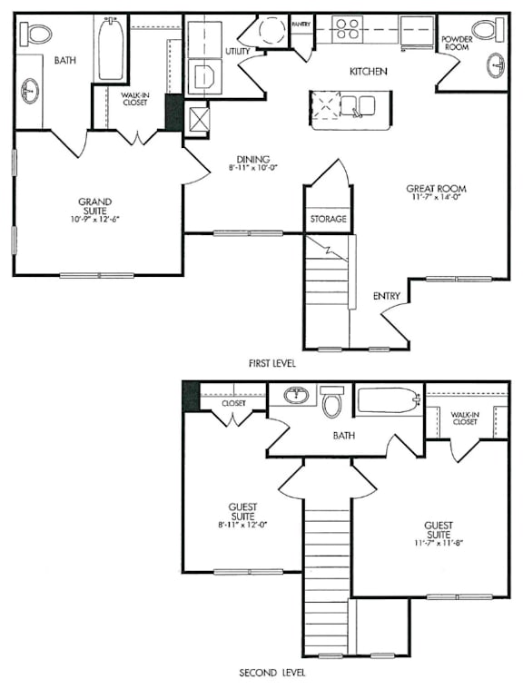 A black and white floor plan of a two-story house with a grand suite on the first floor and a guest suite on the second floor.