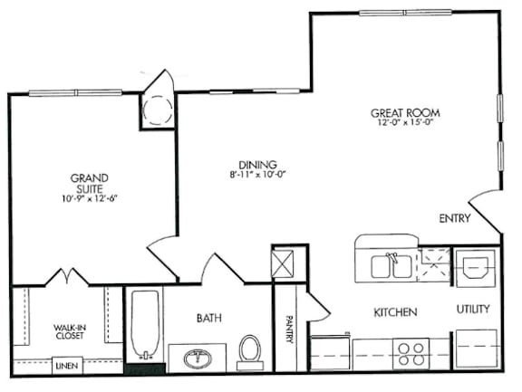 A floor plan of a house with a great room, dining room, kitchen, bath, and grand suite.