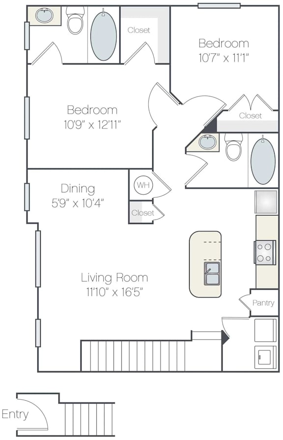 A floor plan of a home with a living room, two bedrooms, a dining room, and a pantry.