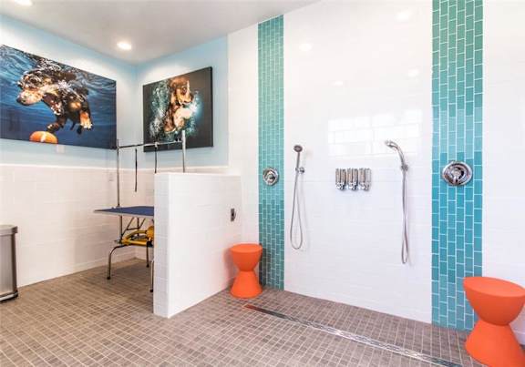 A bathroom with a shower and a painting of a dog on the wall.