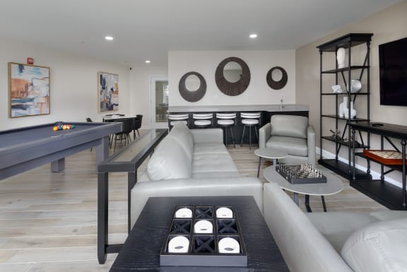 a living room filled with furniture and a pool table