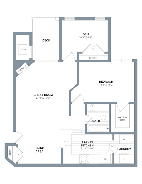 A floor plan of a house with a den, two bedrooms, a dining area, a kitchen, a laundry room, and a great room.