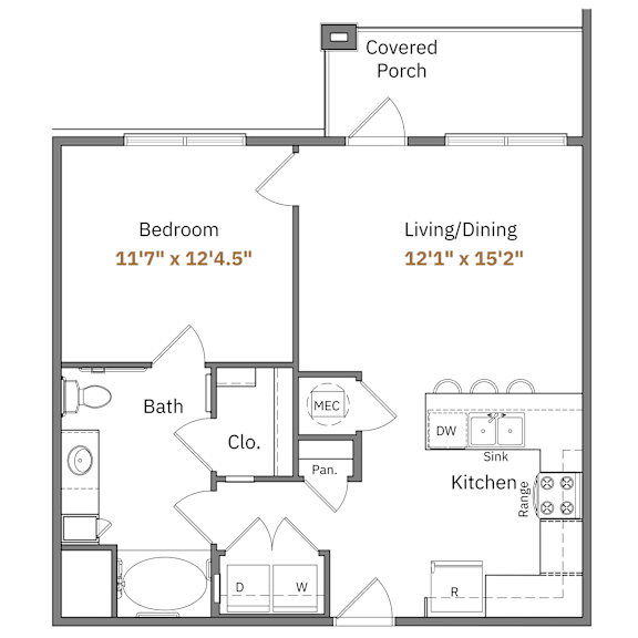 A floor plan of a house with a bedroom, living/dining area, kitchen, bathroom, and cloakroom.