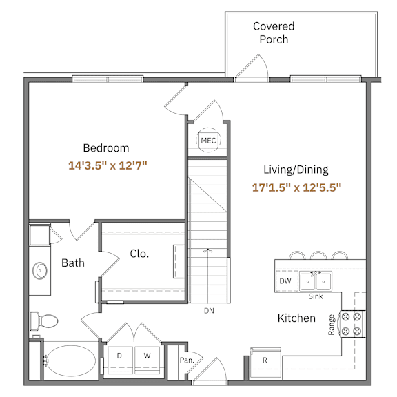 A floor plan of a house with a covered porch, living/dining area, kitchen, and bathroom.