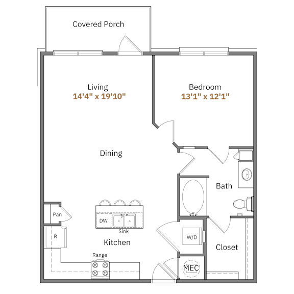 A floor plan of a house with a covered porch, living room, dining room, kitchen, and bathroom.