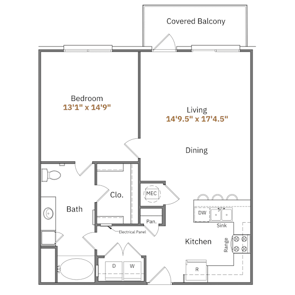 A floor plan of a home with a covered balcony, bedroom, living room, dining room, kitchen, bathroom, cloakroom, and panic room.