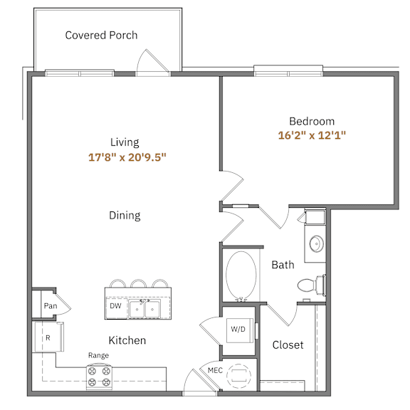 A floor plan of a house with a covered porch, living room, dining room, kitchen, and bedroom.