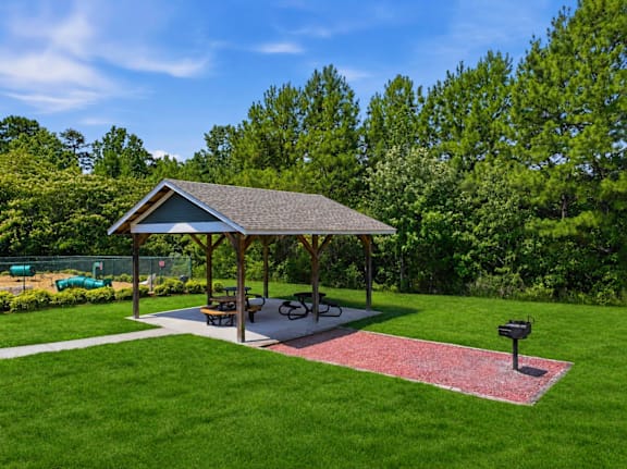 Covered picnic pavilion with grills and tables at Alden Place at South Square Apartments, North Carolina, 27707