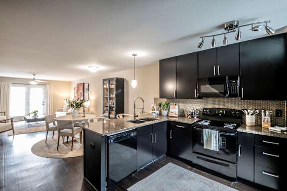 A modern kitchen with black cabinets and appliances.