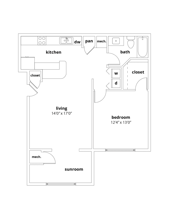 A2 827 square feet one bedroom and one bathroom floor plan at Appling Lakes, Tennessee, 38016