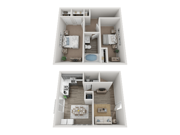 A 3D floor plan of a two-bedroom apartment.