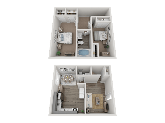 Two floor plan images of a house with a bedroom, living room, kitchen, and bathroom at The Arbors at Smyrna in Smyrna, GA, 30080